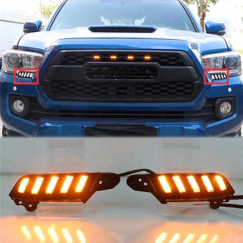 2PCS Front Bumper LED DRL Daytime Running Light Lamp Daylight Turn Signal Headlight For Toyota Tacoma 2016 2017 2018- 12V