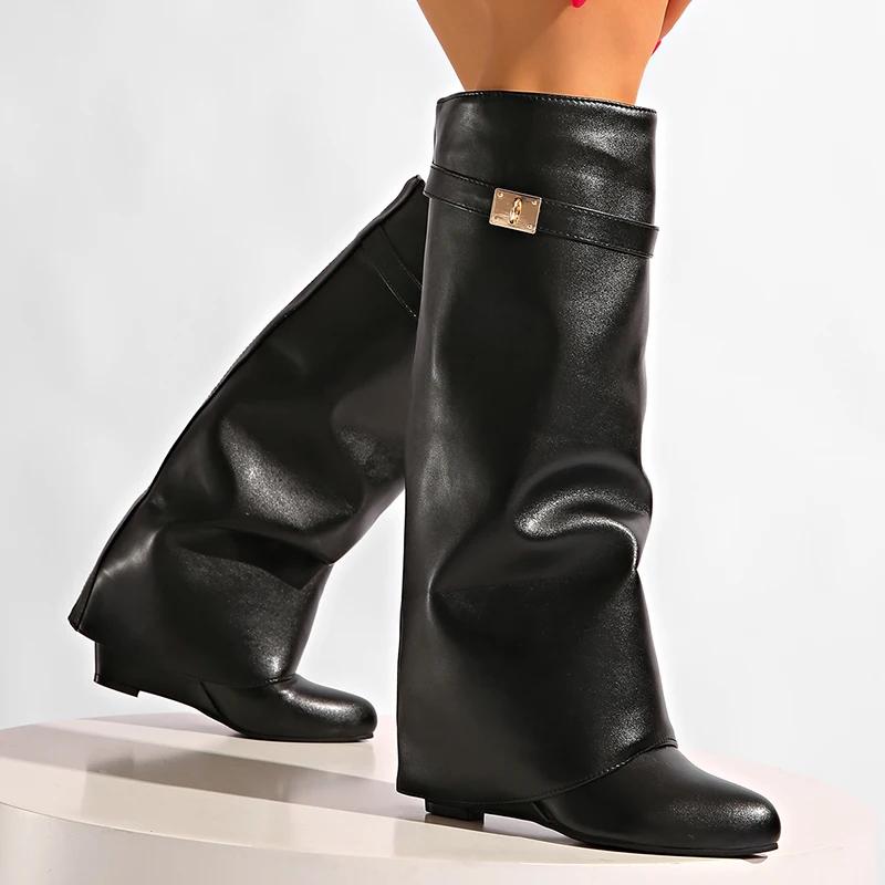 Fashion Black Pu Leather Knee High Boots Women Sexy Pointed Toe Straight Leg Boots Woman Punk Style Wedge High Heels Long Botas Mujer