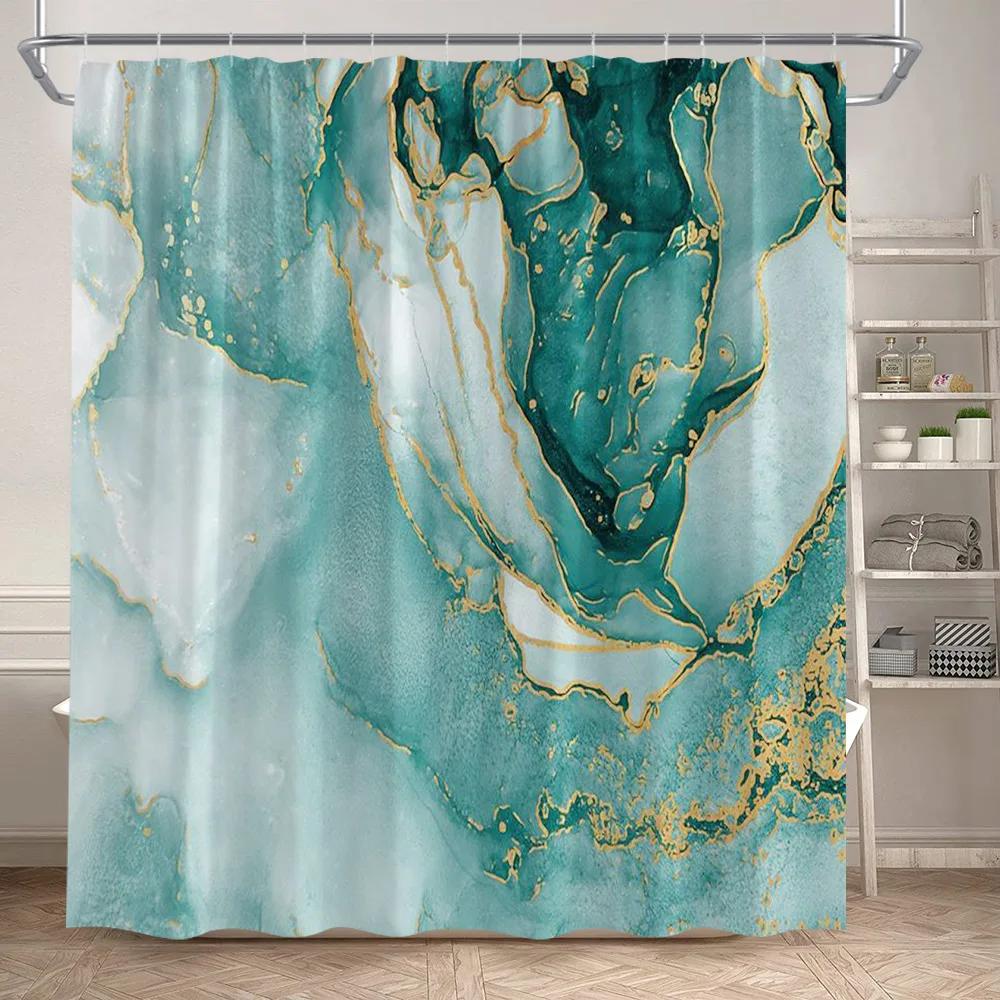 Abstract Marble Shower Curtains Black Green Textured Gold Crackle Modern Geometric Pattern Bathroom Curtain Decor Set with Hooks