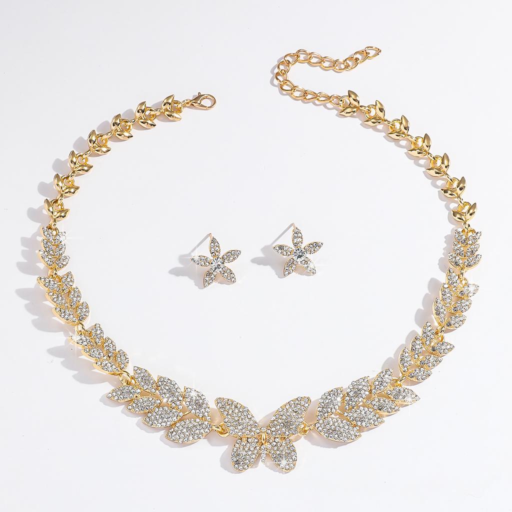 3PC Women's Fashion Water Zircon Butterfly Leaf Necklace Earring Set, Suitable for Wedding, Party, and Festival Gifts