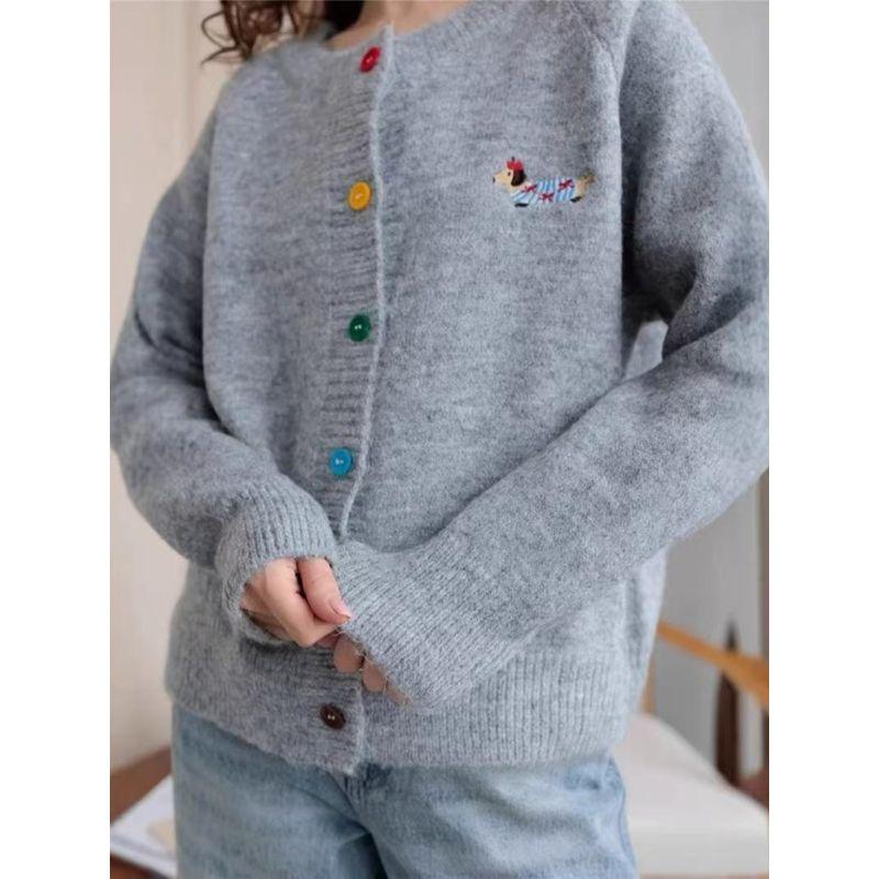 

Fashion round Neck Colored Buckle Puppy Embroider Long Sleeves Easiest for Match Cardigan Sweater Cardigan Knitted Sweater Grey All yards