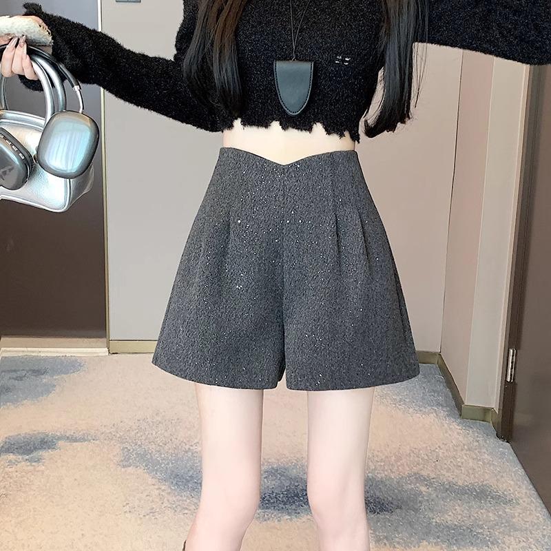 2024 Wool High-Waisted Wide-Leg Shorts for Women - Autumn/Winter Sequin Casual Pants with Boots