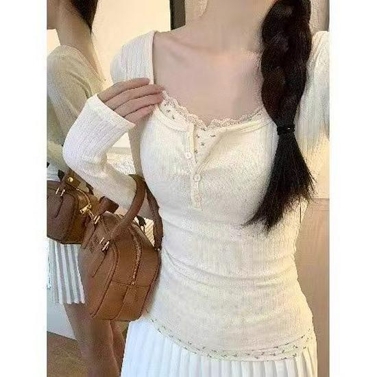 

Apricot Floral Print Two-Piece Long-Sleeve T-shirt for Women - Slim Fit Autumn/Winter Style S: Recommended 87-99 jin