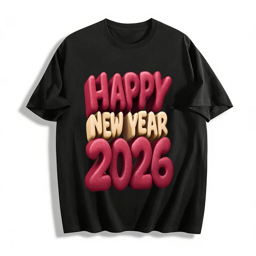 Happy New Year 2026 Printed Casual Loose Fit Crew Neck Long Sleeve Top Pure cotton T-shirt XXS