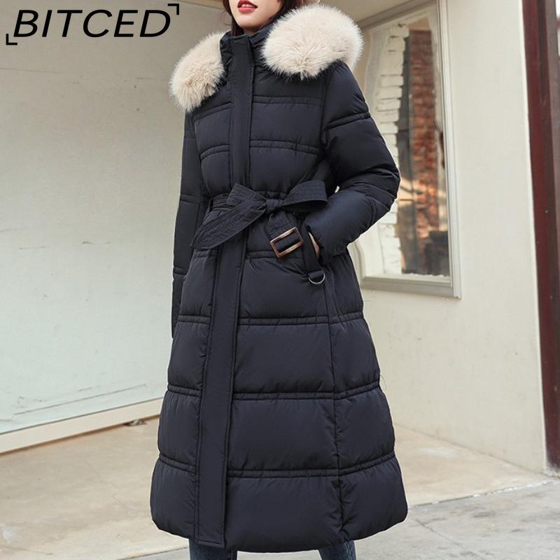 BITCED Winter Down-Filled Cotton Coat for Women - Long Style, Knee-Length, Oversized Fur Collar, Slim-Fit, Belted Design, Cotton