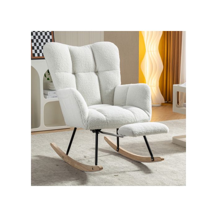 Nouveau Fauteuil À Bascule Rembourré En Tissu Teddy Avec Repose-pieds De Rangement, Blanc