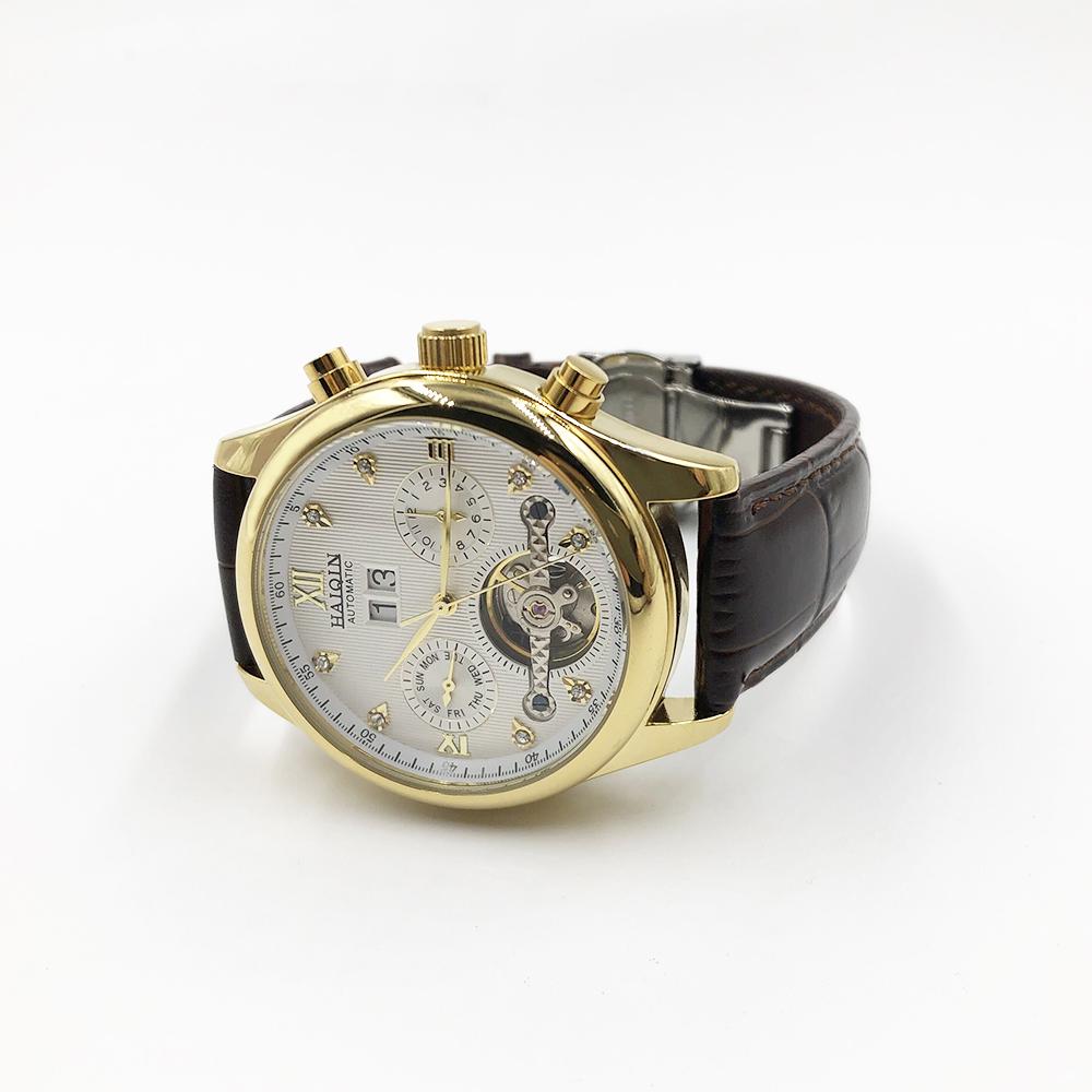 HAIQIN Pánské hodinky pro volný čas Kožené mechanické hodinky Pánské automatické hodinky Tourbillon