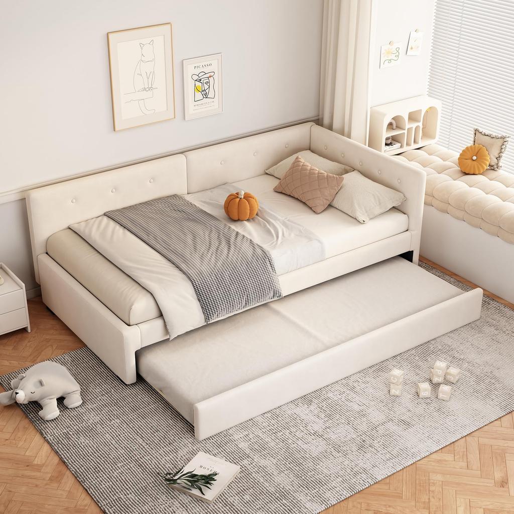 Schlafsofa Polsterbett 90x200cm, Ausziehbares Bettsofa mit Rollen, Samt minimalistisch, Gästebett Jugendliche/Kinder, Ohne Matratze, Beige