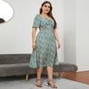 Plus Size Women Summer Floral Long Dress French Square Neck Waist Slit XL To 5XL