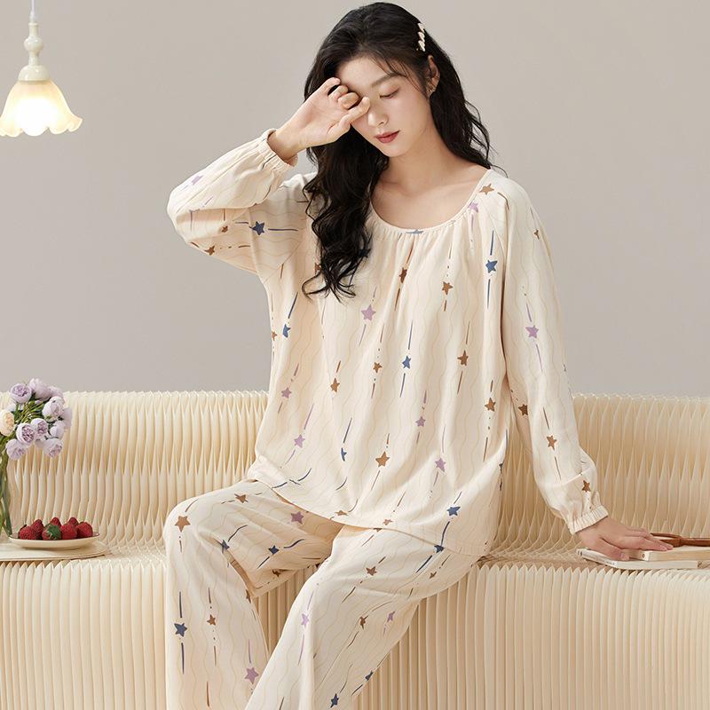 Dámské bavlněné pyžamo s dlouhým rukávem s kresleným potiskem na rok 2024: Tenký, nositelný venku, ideální pro podzim/zimu/jaro