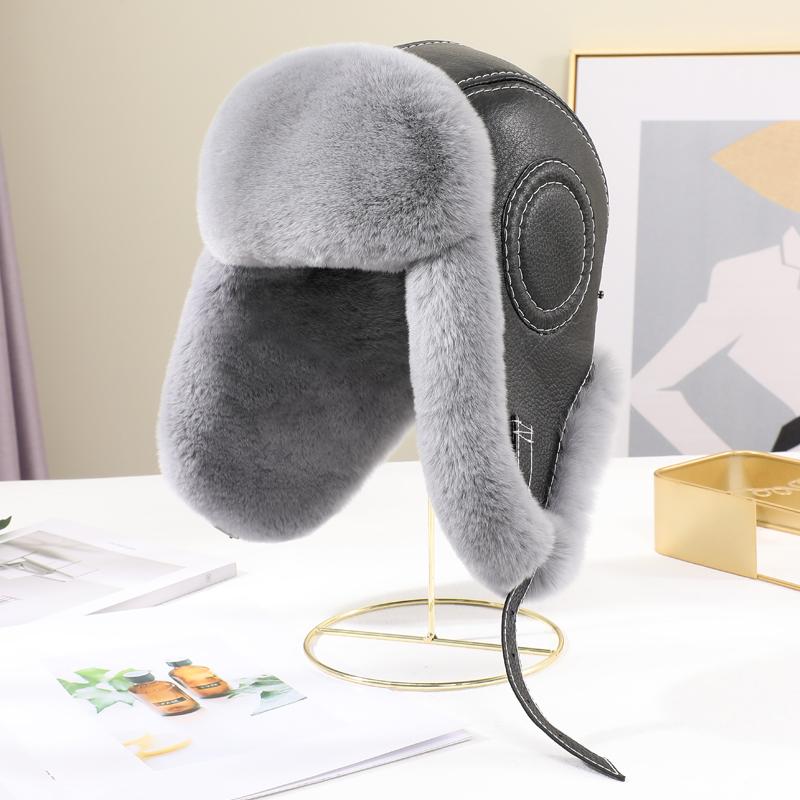 New Men's Natural Rex Rabbit Fur Bomber Hats Winter Russian Man Warm Real Sheepskin Leather Hat Male Real Fur Caps