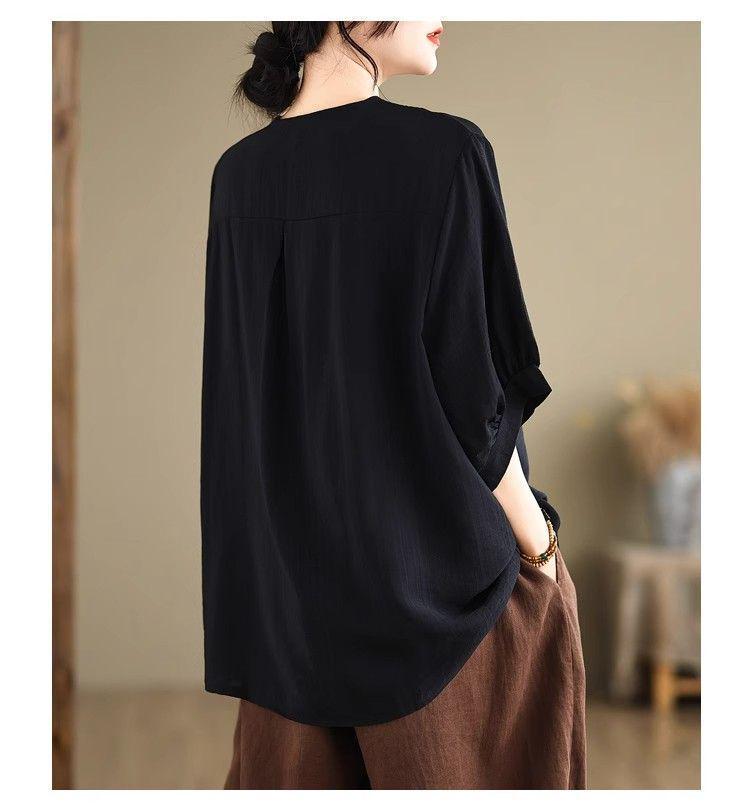 Women's Retro Cotton Linen Plus-Size Summer T-shirt with Loose Seven-Sleeve Design
