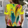 Damen V-Ausschnitt Cold Shoulder Bluse Helles Mehrfarbiges Pfauenfeder-Print Kurzarm Top