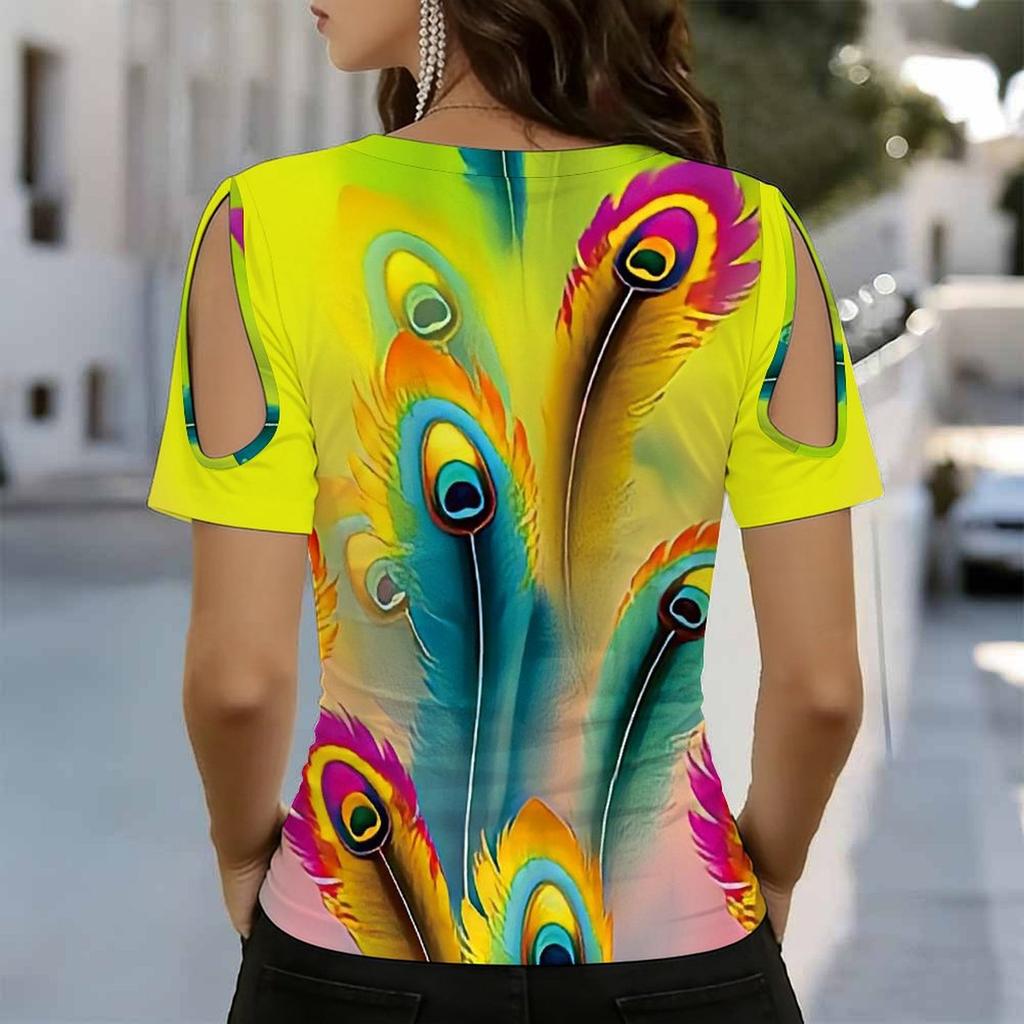 Damen V-Ausschnitt Cold Shoulder Bluse Helles Mehrfarbiges Pfauenfeder-Print Kurzarm Top