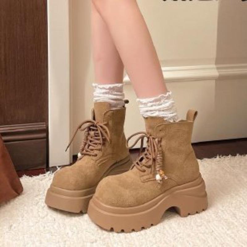 Autumn New Frosted Leather Martin Boots Women's Shoes Platform Muffin Round Head Lace-up Casual Locomotive Boots Short Boots Women