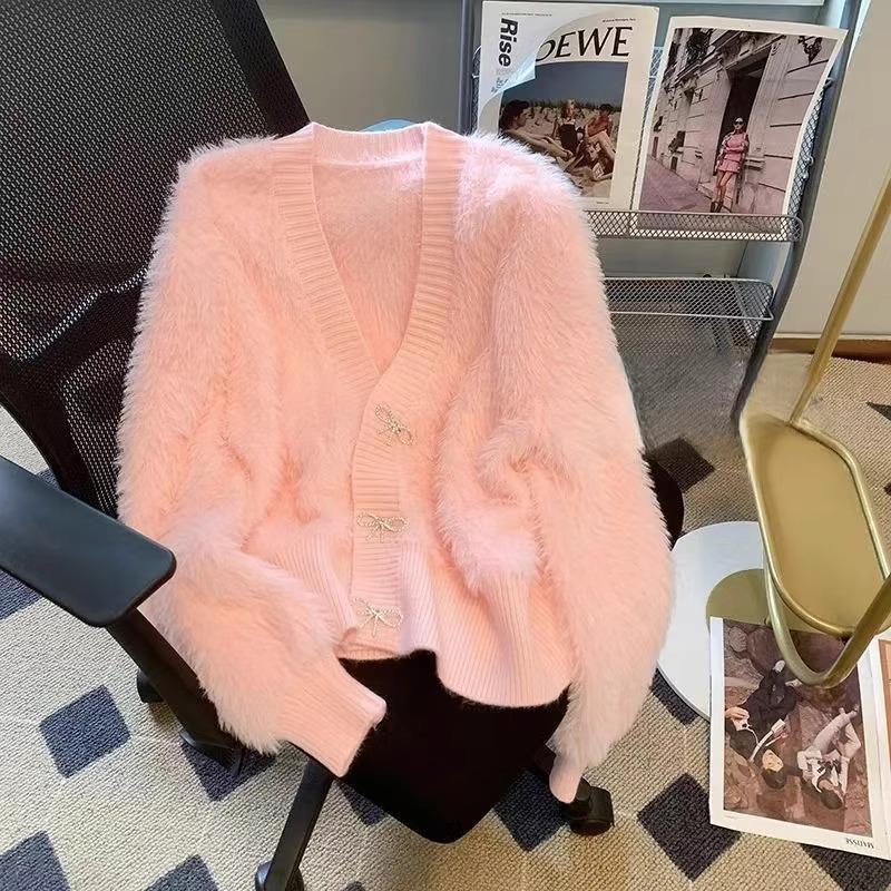 

Женский кардиган из искусственного норкового бархата в нежном стиле с 3D цветочным дизайном для осени и зимы One Size розовый