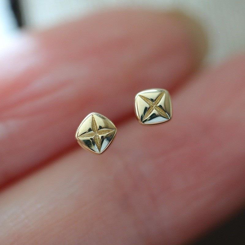 Small Square Minimalist 14K Gold Plated S925 Sterling Silver French Style Stud Earrings - Elegant and Shiny. 14K Gold Pair (Includes Earring Backs)