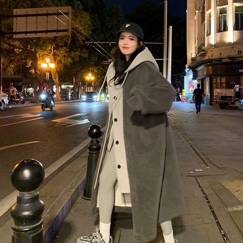 Women Hooded Coat Fake Two Pieces Spring Korean Long Sleeves Lamb Causal Midi Jacket Women Single Breasted Outwears