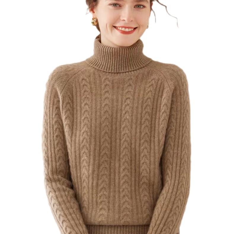 Women's High Neck Wool Cable Knit Sweater - Thick, Solid Color Base Layer, Warm Cashmere Knitwear for Autumn and Winter.