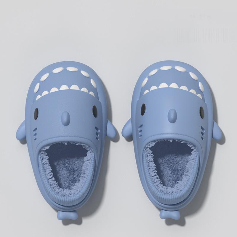 Fashion Smile Mens Cartoon Shark Slip On Cotton Slides Waterproof Thick Bottom Fuzzy Cozy Warm Slippers Plush Lining Slippers For Womens
