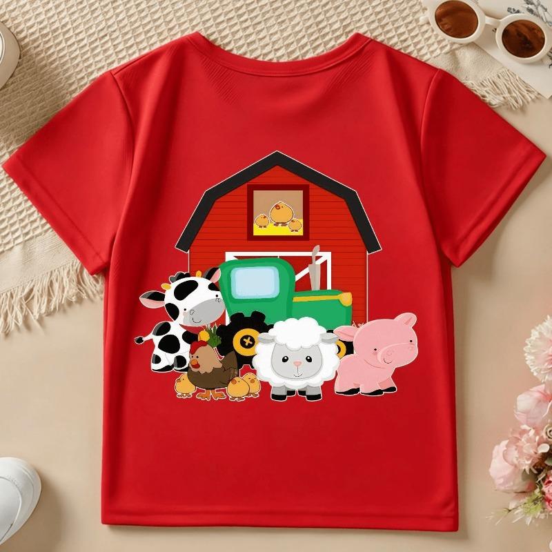 Boys Farm Animals & Tractor Print Crewneck All Season Casual Short Sleeve T-Shirt