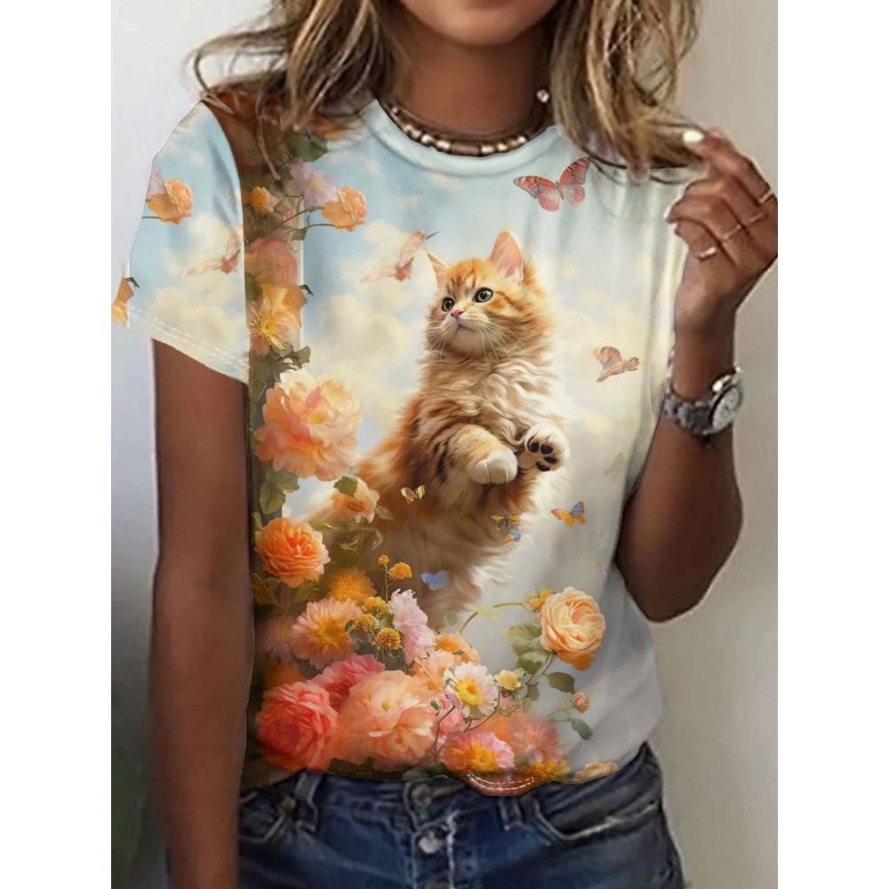 Summer Women Cat Pattern T-Shirt Fun Animal 3D Printed Short Sleeves Loose O-Neck Breathable T-Shirts