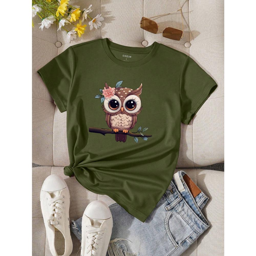 Women's Summer Cartoon Owl Printed Round Neck Short Sleeve Casual T-Shirt
