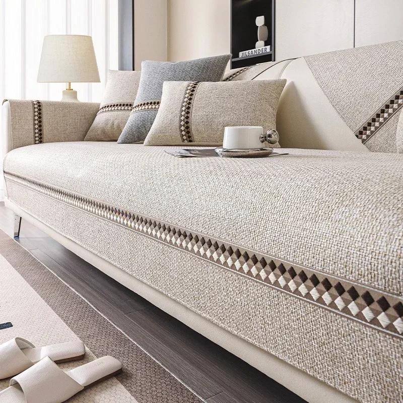1PC Diamond Print Cotton Linen Sofa Cover All Seasons Universal Sofa Mat Towel Non-Slip L Shaped Couch Cushion for Living Room