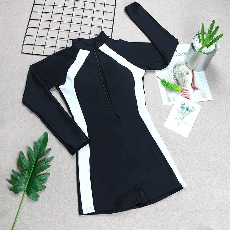 Professional Sports One Piece Flat Angle Conservative Slim Tummy Control Long Sleeve Hot Spring Swimsuit Women Fashion Beach Vacation Elegant Wear