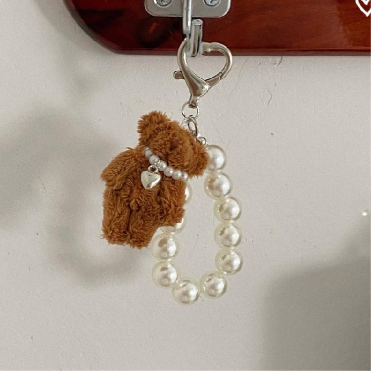 Soft Bear Keychain with Heart and Imitation Pearls Detailing Plush Bag Pendant Accessory Gift for Women and Ladies
