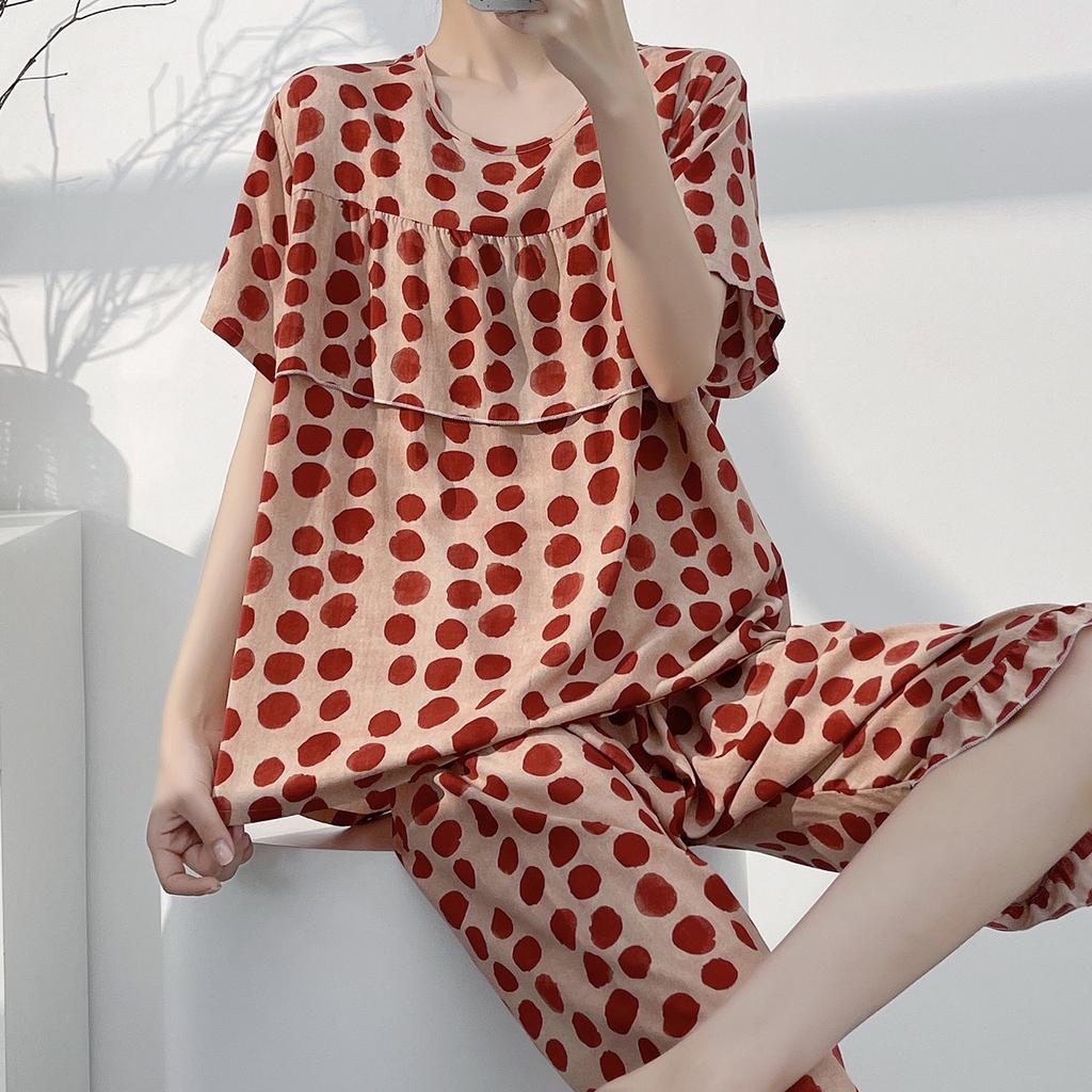 1011 New anti-bump cotton and silk pajamas women's summer ultra-thin short-sleeved trousers cotton and silk set large-size loungewear