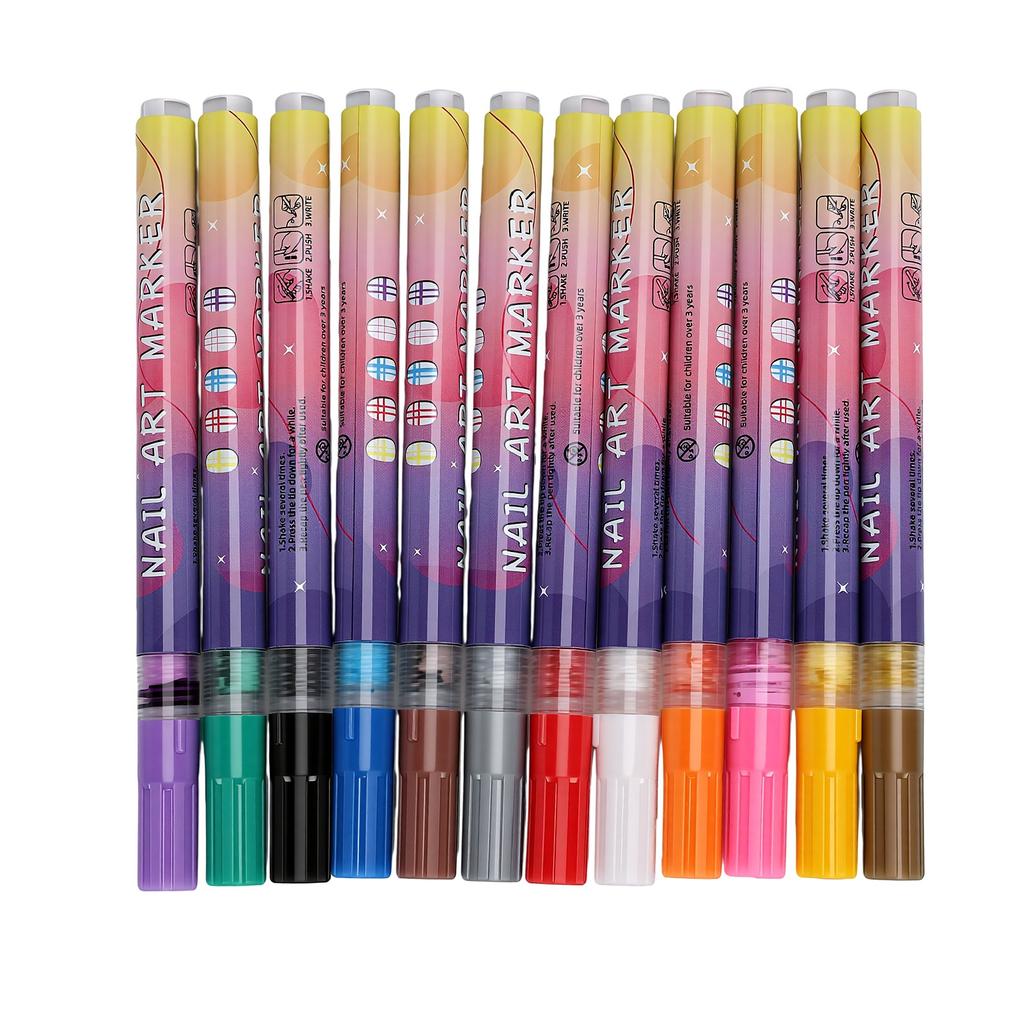 Set di Pennarelli per Nail Art 0,5 mm Punta Fine Impermeabile Asciugatura Rapida Pennarelli per Pittura Unghie Fai da Te per Principianti 12 Pezzi