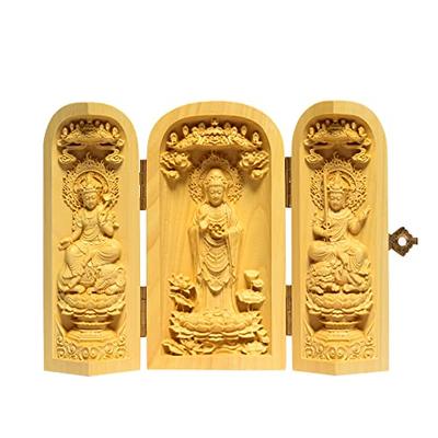 Dreiseitige Buddha Kannon Statue, Manjushri, Kannon und Samantabhadra, Holzschnitzerei, Miniatur Buddhistisches Altar, Buddhistische Box, oder Altar Ornament (10cm hoch