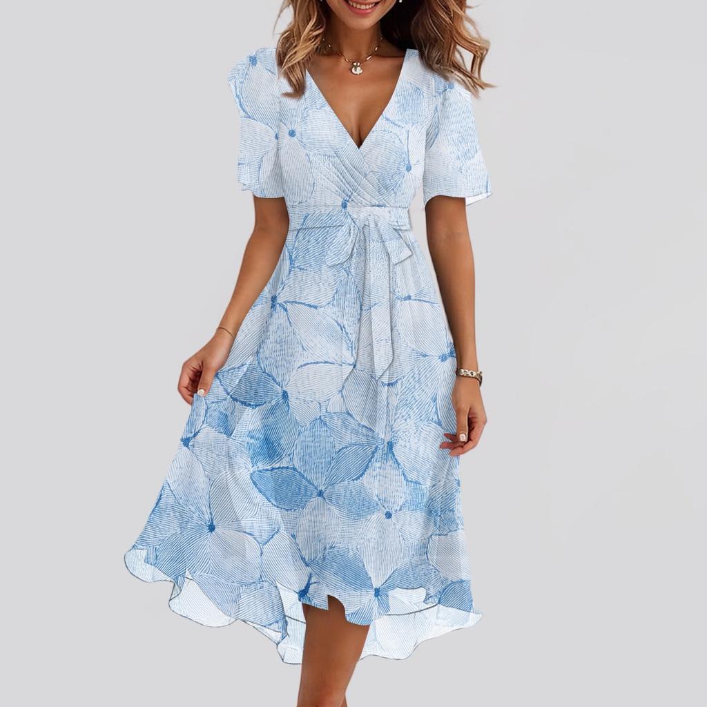 Women's Fashion Casual V Neck Short Sleeve Ruffled Vintage Printed Dresses