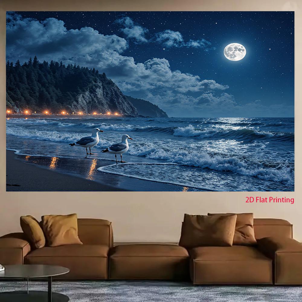 2D plane banner background featuring night-time beach waves and seagulls family gathering polyester fiber