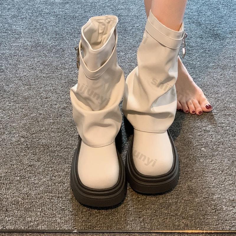 Fashion Fashion Buckle Black Ankle Boots for Women Fashion Pu Leather Thick Bottom Combat Boots Woman Thick Slip on Platform Punk Botas