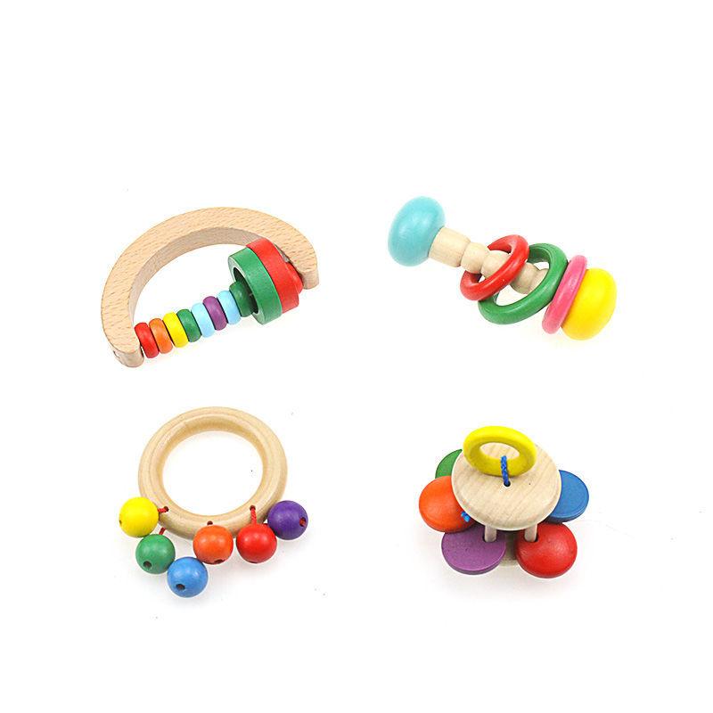 Infant Comfort Toy Wooden Handbell0-3Year-Old Baby Grip Exercise Rattle Drum Gifts for Boys and
