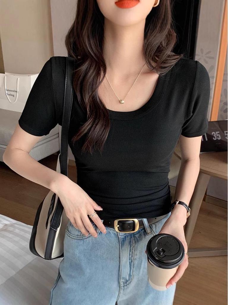 Women's Versatile Ribbed U-Neck Short Sleeve T-Shirt - High-End Feel, Fashionable Base Layer Top