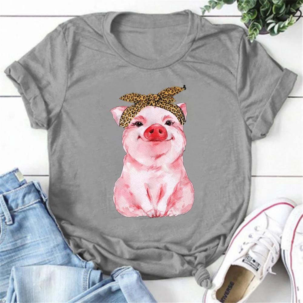 Cute Pig Print T-shirts For Women Summer Lovely Short Sleeve Casual Round Neck T-shirts Ladies Creative Personalized Tops