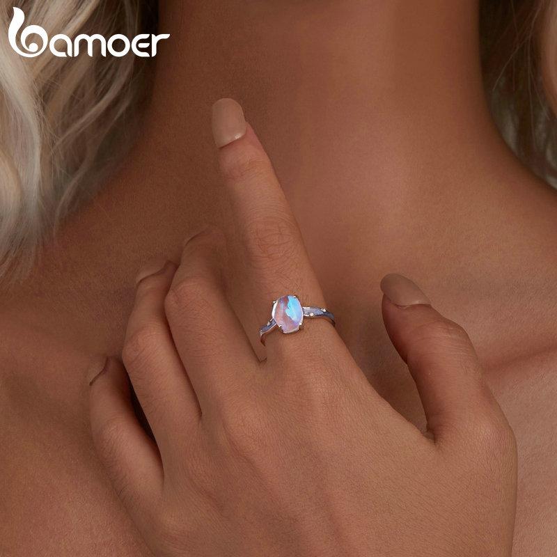 BAMOER Inel din argint 925 purpuriu piatră Aurora Inel cu bandă ondulată pentru femei, cadou pentru petrecere, bijuterii fine