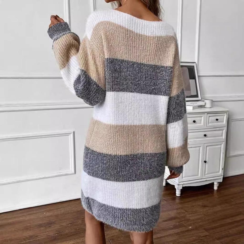 Autumn and winter new trendy versatile contrasting color striped medium and long dress casual loose round neck long sleeve knitted dress