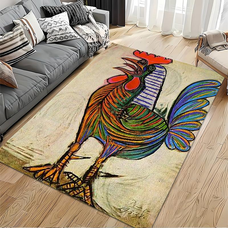 Colorful Artistic Rooster Illustration Rug Non-slip Rug Suitable for Living Room and Bedroom Sofas.