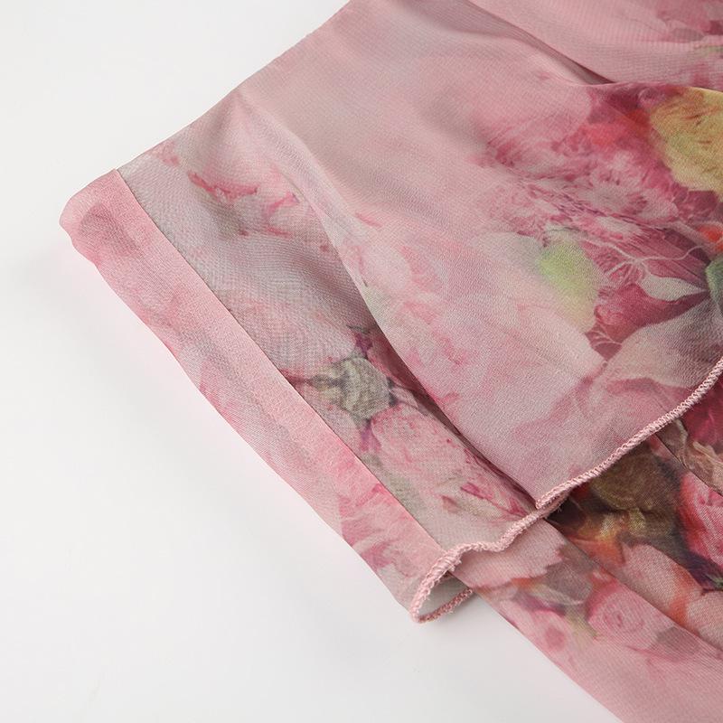 European Style 2024 Floral Print Irregular Maxi Skirt with Double-Layer Ruffles