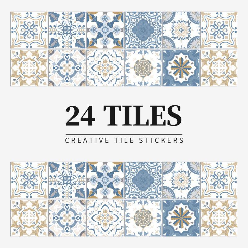 24 European Mandala Flower Tile Stickers: Waterproof, Self-Adhesive PVC for Kitchen & Bathroom Walls