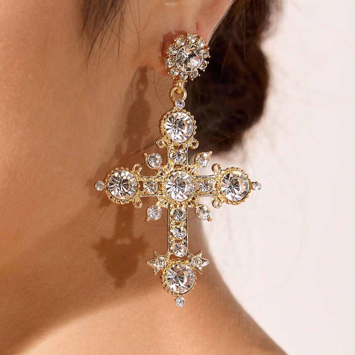 European Retro Royal Court Black Crystal Cross Dangle Earrings