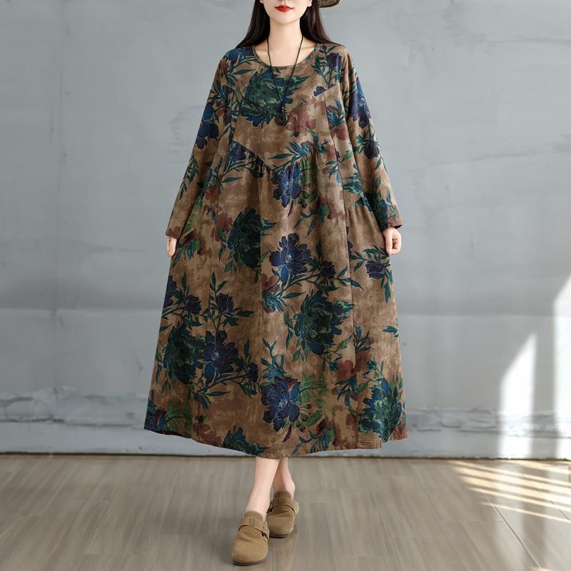 Dimanaf 2025 Dámské nadměrné jarní dlouhé šaty Volné základní s potiskem Vintage ležérní květinové Nadměrné Dlouhý rukáv Maxi