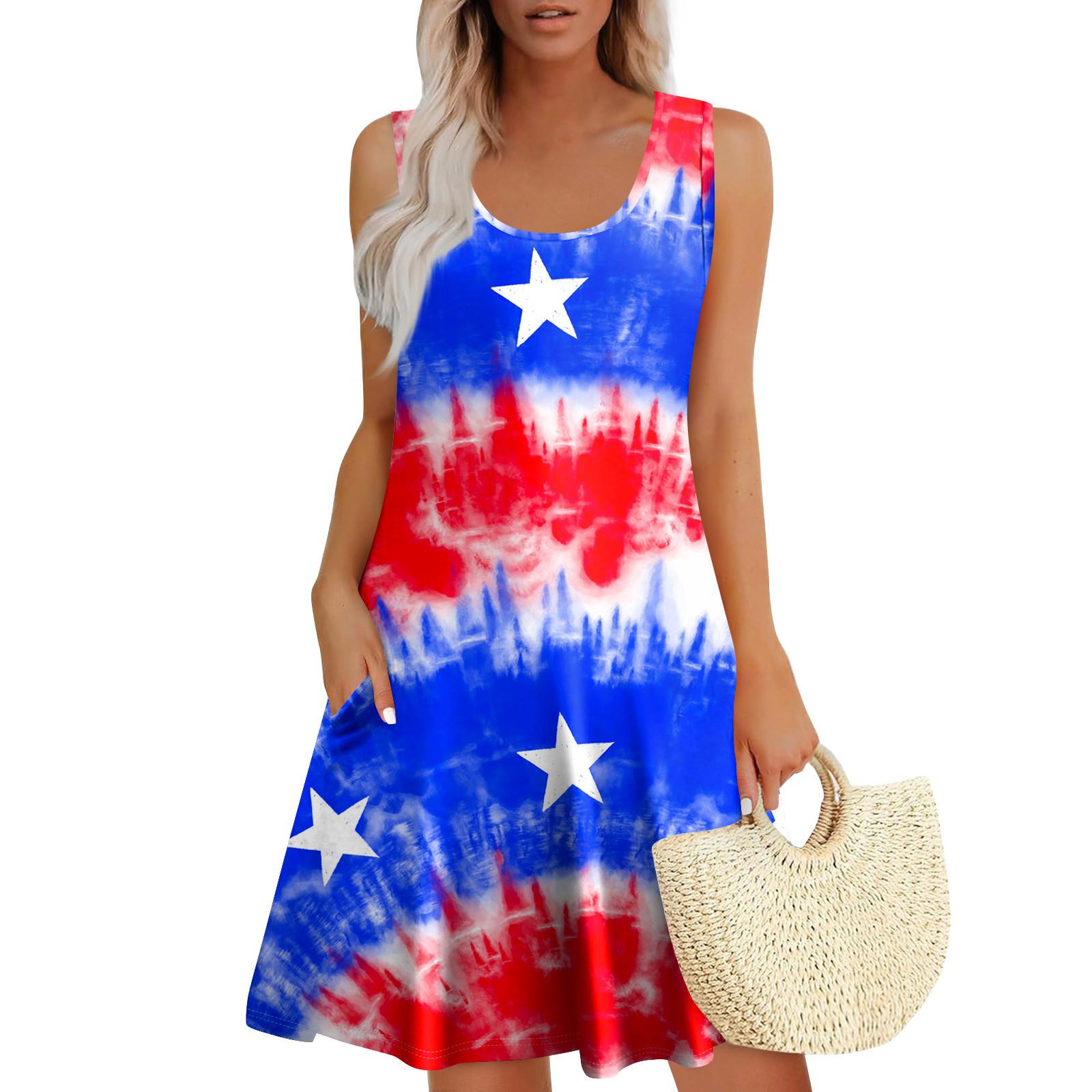 

Женские летние платья с принтом, свободные платья-сарафаны без рукавов с U-образным вырезом и карманами L красный