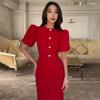 European & American Women's Fashion: Solid Color Round Neck Short Sleeve Buttoned Bodycon Dress (Style 2026)