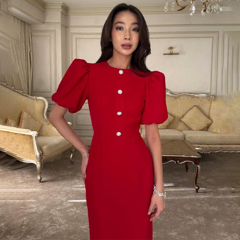 European & American Women's Fashion: Solid Color Round Neck Short Sleeve Buttoned Bodycon Dress (Style 2026)