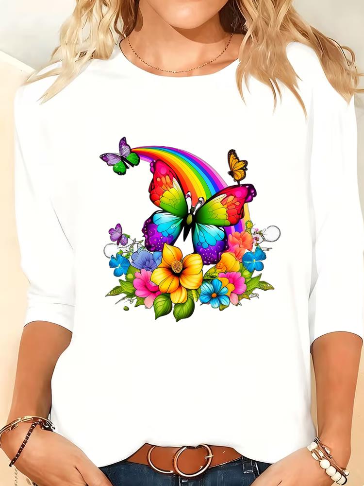 

(Asian Size) Print sweet butterfly autumn winter spring Women Female Clothing Casual Tee o-neck Long Sleeve T Shirt Fashion Top Graphic T-shirts S
